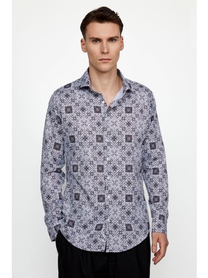Tudors Slim Fit Dar Kesim Uzun Kol Likralı Baskılı Yüksek Yaka Erkek Çok Renkli Gömlek