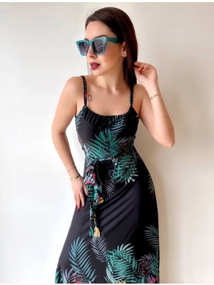 Bellazon Kadın Omuz Askılı Kuşak Detay Çiçek Desenli Maxi Boy Elbise