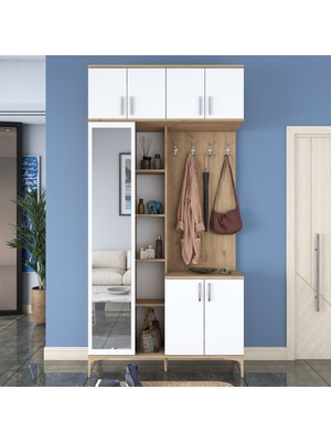 Rani EA120 Portmanto Aynalı Raflı Ayakkabılık Vestiyer Sepet Ceviz - Beyaz