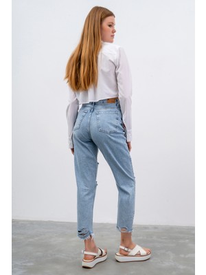Its Basic Kadın Snow Kot Rengi Lazer Yırtık Detaylı Relax Mom Fit Denim