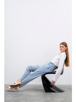 Its Basic Kadın Snow Kot Rengi Lazer Yırtık Detaylı Relax Mom Fit Denim