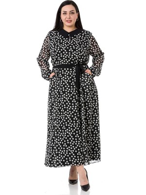 Disentis Modest Büyük Beden Yaka Detaylı Cepli Kuşaklı Şifon Astarlı Puanlı Siyah Uzun Elbise
