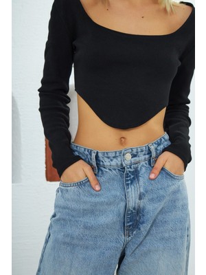 Trendy Sen Moon Skinny Kadın Crop Top Siyah