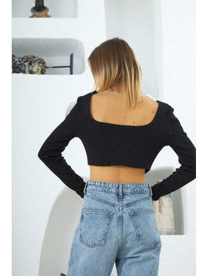 Trendy Sen Moon Skinny Kadın Crop Top Siyah