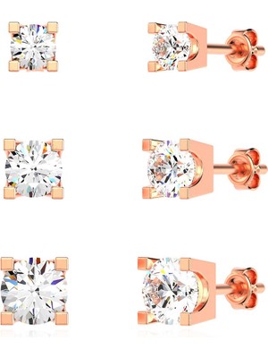 İndigo Takı 3 Boy Tek Taş Kombin Rose Gümüş Küpe