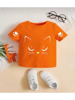 Kids Face Kedicik Pati Baskılı Pamuk Oversize Kız Çocuk T-Shirt