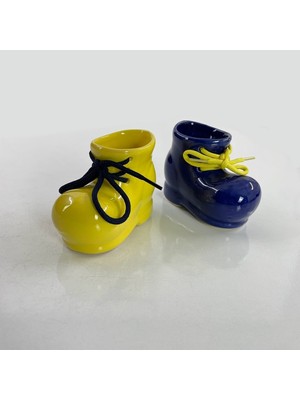 Artistic Quality Dekoratif 2'li Masa Üstü Seramik Sarı-Lacivert Fenerbahçe Dekorlu Bot Ipli Kalemlik