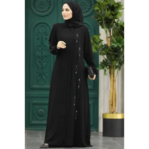 Neva Style - Boncuk Işlemeli Siyah Tesettür Ferace 61358S