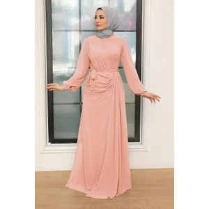 Neva Style Tesettür Abiye Elbise - Drape Detaylı Pudra Tesettür Abiye Elbise 5711PD