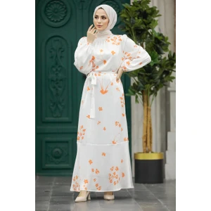Neva Style - Çiçek Desenli Turuncu Tesettür Elbise 5901T