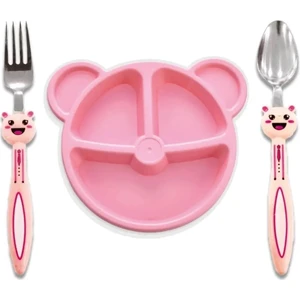 Mor Bebe Baby 3 Parça Tavşan Figürlü Çocuk Çatal Kaşık ve Mama Tabağı Seti (Pembe )