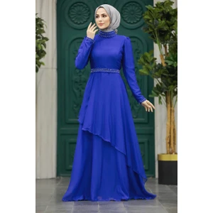 Neva Style Tesettürlü Abiye Elbise - Inci Detaylı Sax Mavisi Tesettür Abiye Elbise 22223SX