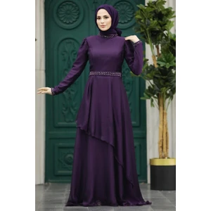 Neva Style Tesettürlü Abiye Elbise - Inci Detaylı Mürdüm Tesettür Abiye Elbise 22223MU
