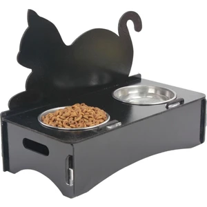 Ahşap Kedi Mama Kabı Standı Siyah Premium Boyalı Paslanmaz Çelik Kaseli Kedi Figür Arkalıklı Model