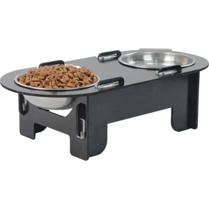 Ahşap Kedi Mama Kabı Standı Siyah Premium Boyalı Paslanmaz Çelik Kaseli Oval Model