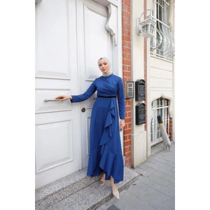 Burcu Tesettür Eteği Fırfırlı Kadın  Abiye Elbise BRC1109 Indigo