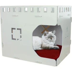 Ahşap Büyük Kedi Yatağı Premium Kalite Beyaz Kedi Evi 50X35 cm Parlak Boyalı Küp Model