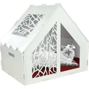 Ahşap Büyük Kedi Yatağı Premium Kalite Beyaz Kedi Evi 50X35 cm Parlak Boyalı Seperatör Model