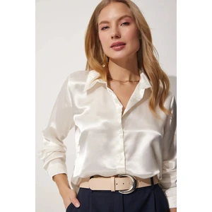 Kadın Açık Krem Hafif Dökümlü Saten Yüzeyli Gömlek HZL22W-BD139641