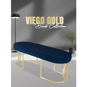 Gazzini Furniture Viego Gold Striped Bench Lüks Metal Gold Ayak, Chester Model Yatak Ucu Mavi Puf