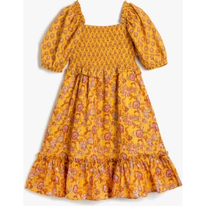 Elbise Çiçekli Balon Kollu Pamuklu Kare Yaka Astarlı