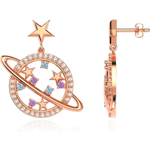 İndigo Takı Ametist Aqua Taşlı Gezegen Rose Gümüş Küpe