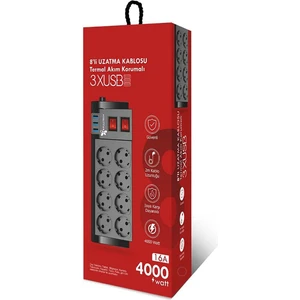Termal Akım Korumalı 8'li Priz 3 x USB - 2 M Kablo Uzunluğu
