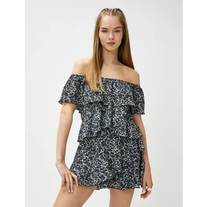 Çiçekli Mini Tulum Omzu Açık Volanlı Fırfırlı