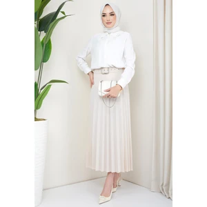 Hafsa Mina Kemerli Piliseli Etek Ekru