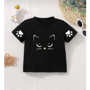 Kids Face Bisiklet Yaka Sevimli Kedicik Baskılı Pamuk Oversize Kız Çocuk T-Shirt