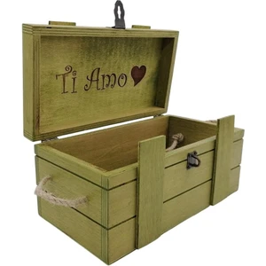 Tuns Atelier Ti Amo Işlemeli Yeşil Ahşap Kutu 27CM x 14CM Genişlik, 12CM Yükseklik Hediye Kutusu Anı Kutusu