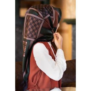 %100 Twill İpek Kazakayaklı Ve Ekose Desenli Taba - Siyah Renkli 90x90 Eşarp Dikim Şekli : El Dikişi