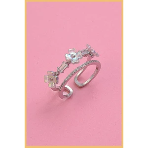 Kadın 925K Gümüş Kaplama Zirkon&sedef Taşlı Çiçek Motifli Ayarlanabilir Çelik Yüzük (Exclusive)