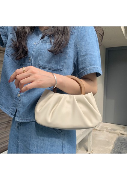 Ahşap Saplı Pileli Bulut Tote Crossbody Mini Küçük Çanta (Yurt Dışından)