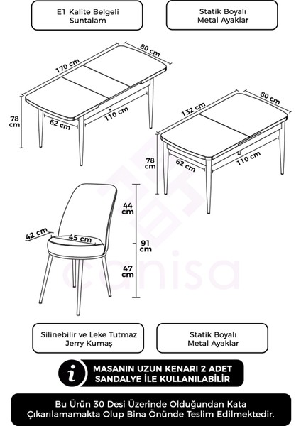 Concept Via Serisi, 80x132 Açılabilir Beyaz Mutfak Masası Takımı, 6 Sandalye