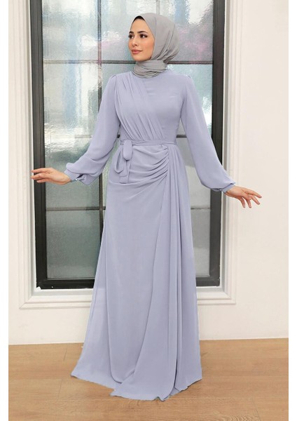 Tesettür Abiye Elbise - Drape Detaylı Açık Lila Tesettür Abiye Elbise 5711ALILA