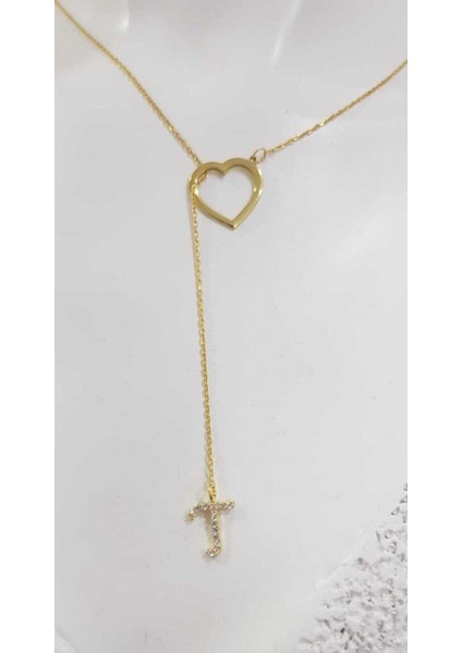 Kadın T Harf Uzantılı Taş Detaylı 925 Ayar Gümüş Sarı Renk Kolye Beyaz,roze Renk Seçeneği