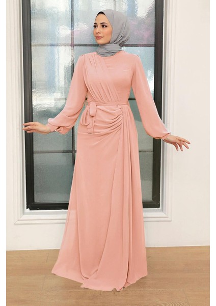 Tesettür Abiye Elbise - Drape Detaylı Pudra Tesettür Abiye Elbise 5711PD