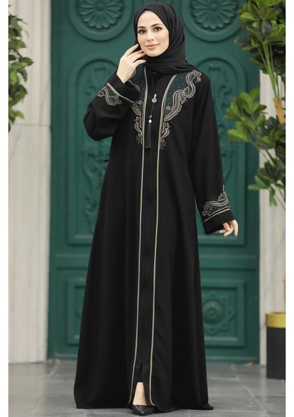 - Desenli Fermuarlı Tesettür Abaya 41565DSN2