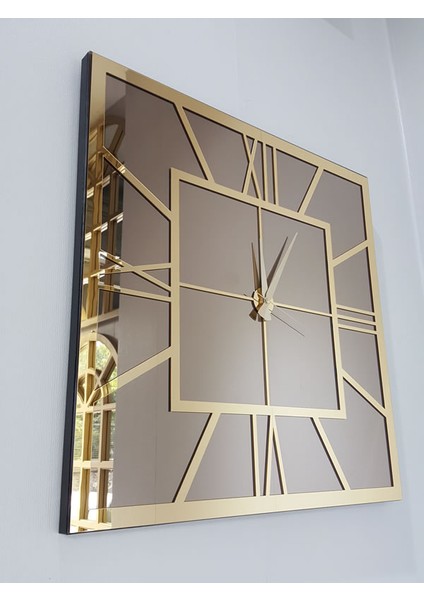 Golden Quare Bronze Model Altın Bronz Renk 60 Cm x 60 Cm Dekoratif Aynalı Duvar Saati