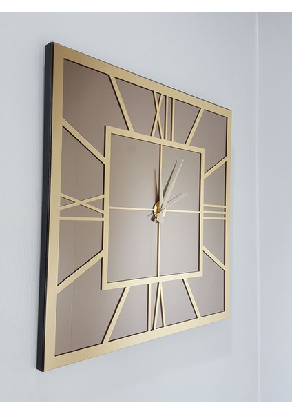 Golden Quare Bronze Model Altın Bronz Renk 60 Cm x 60 Cm Dekoratif Aynalı Duvar Saati