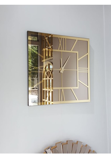 Golden Quare Bronze Model Altın Bronz Renk 60 Cm x 60 Cm Dekoratif Aynalı Duvar Saati