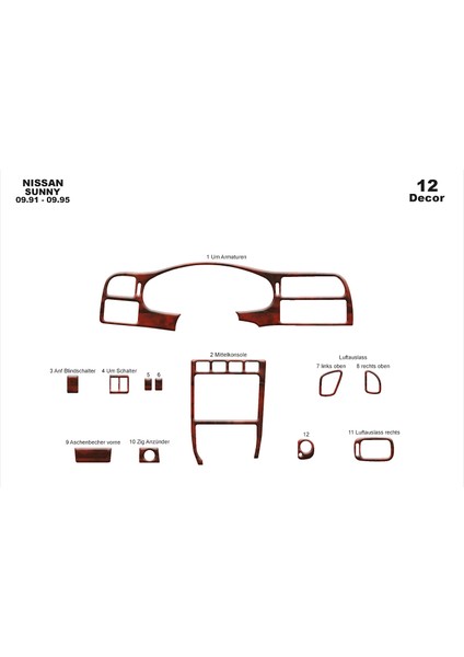Meriç® Nissan Sunny Ön Torpido Kaplama Maun 12 Parça 1991-1995