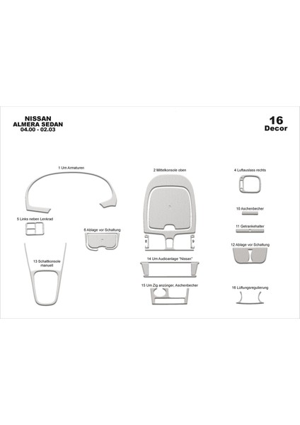 Meriç® Nissan Almera Sd Ön Torpido Kaplama Maun 16 Parça 2000-2003