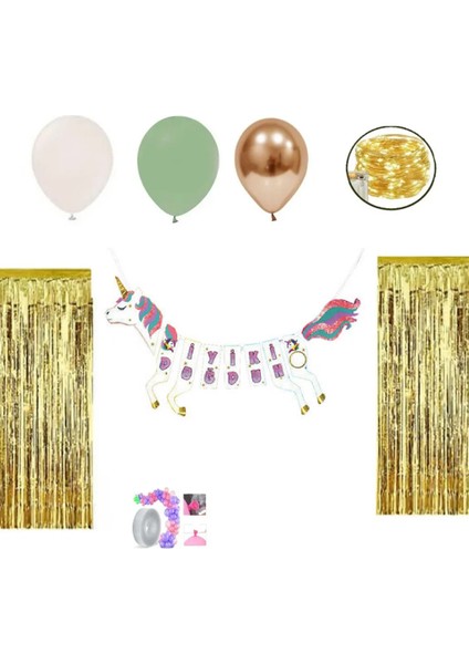 Unicorn Iyi Ki Doğdun LED Işılı Perdeli Set 13 Balonlu