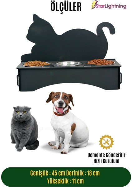 Büyük Ahşap Kedi Mama Kabı Standı Siyah Premium Boyalı Paslanmaz Çelik Kaseli Kedi Arkalıklı Model
