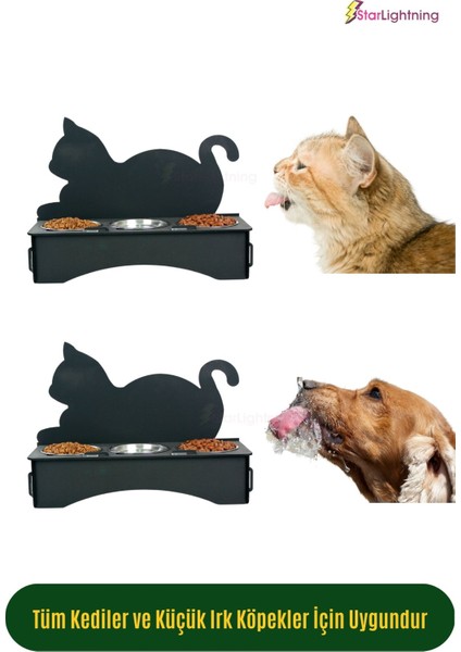 Büyük Ahşap Kedi Mama Kabı Standı Siyah Premium Boyalı Paslanmaz Çelik Kaseli Kedi Arkalıklı Model
