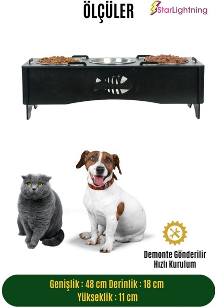 Büyük Ahşap Kedi Mama Kabı Standı Siyah Premium Boyalı Paslanmaz Çelik Kaseli Balıklı Model fiyatları