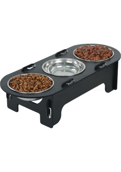 Büyük Ahşap Kedi Mama Kabı Standı Siyah Premium Boyalı Paslanmaz Çelik Kaseli Oval Model