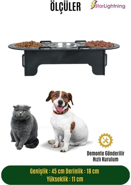 Büyük Ahşap Kedi Mama Kabı Standı Siyah Premium Boyalı Paslanmaz Çelik Kaseli Oval Model